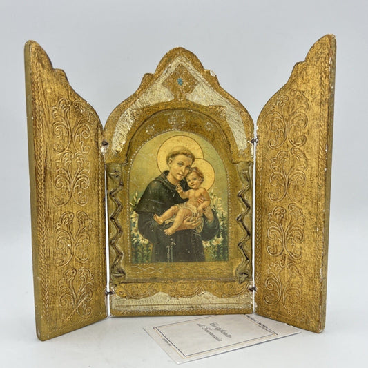 Icona antica religiosa sacra in legno dorato Sant'Antonio di Padova trittico Oro Categoria  Oggetti sacri - rosari