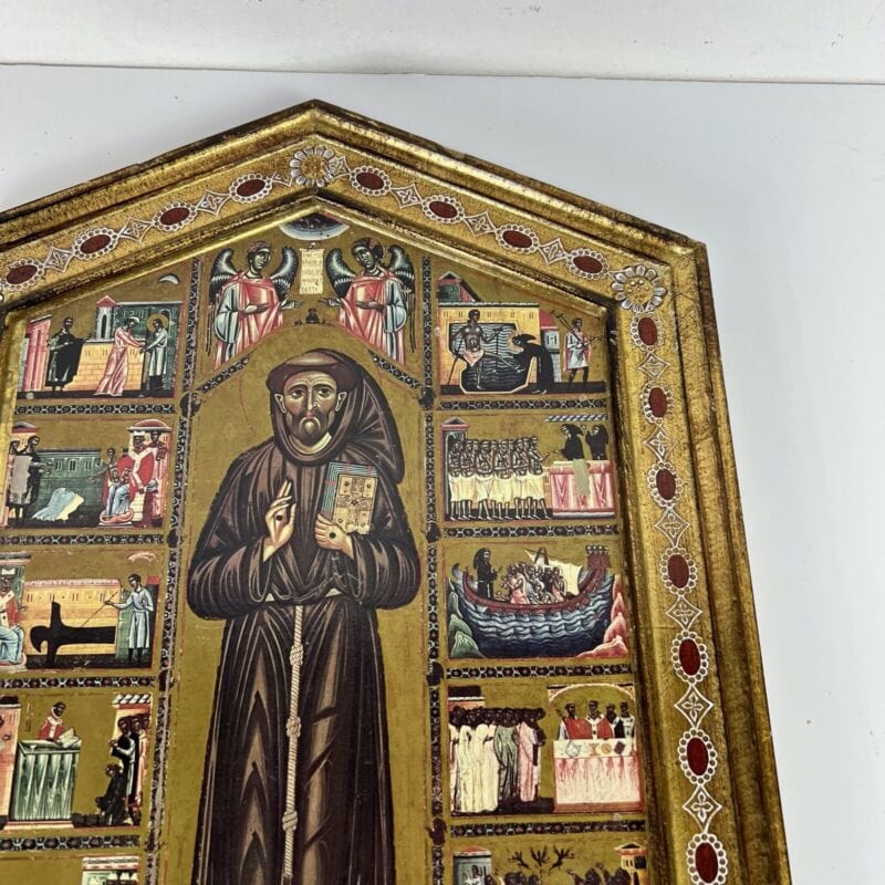 Icona antica religiosa sacra in legno dorato Tavola Storie di San Francesco Categoria  Oggetti sacri - rosari