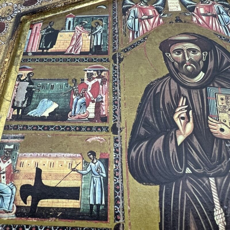 Icona antica religiosa sacra in legno dorato Tavola Storie di San Francesco Categoria  Oggetti sacri - rosari