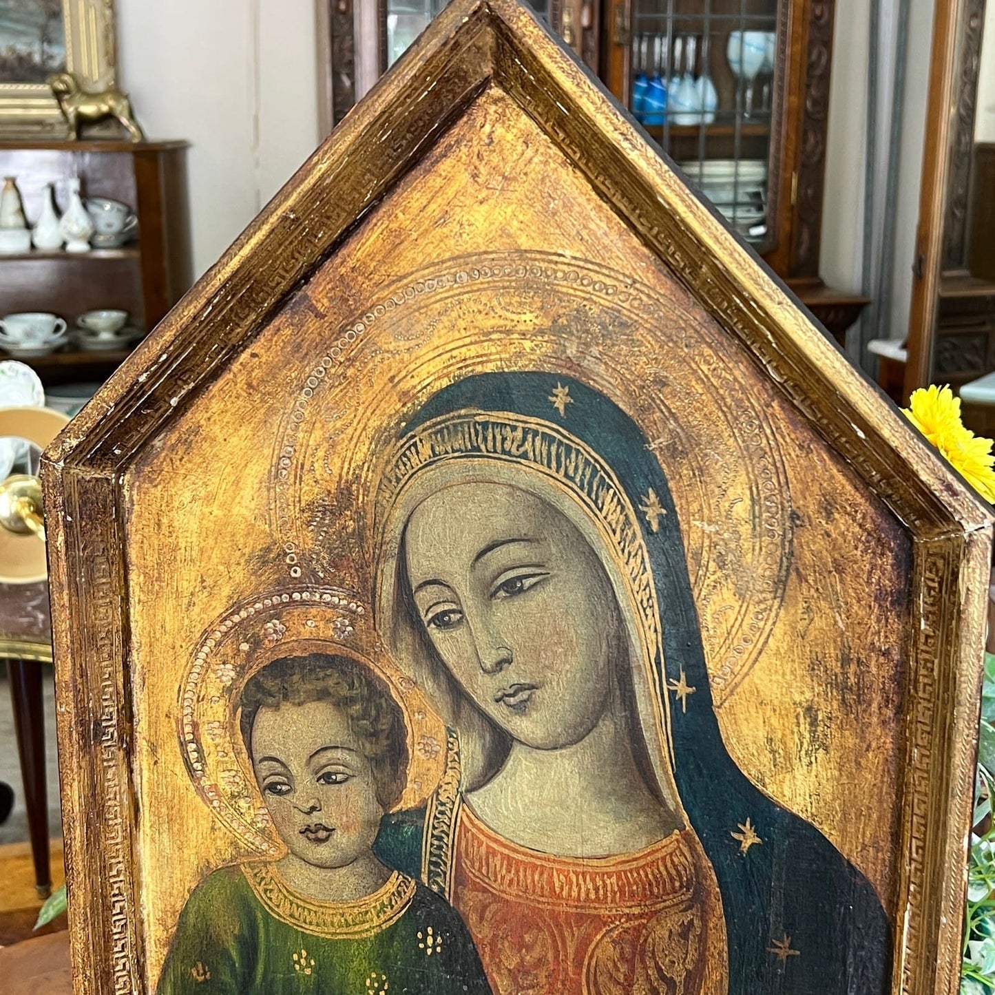 Icona Bizantina stile antica Placca religiosa sacra in legno Madonna col Bambino Categoria  Oggetti sacri - rosari