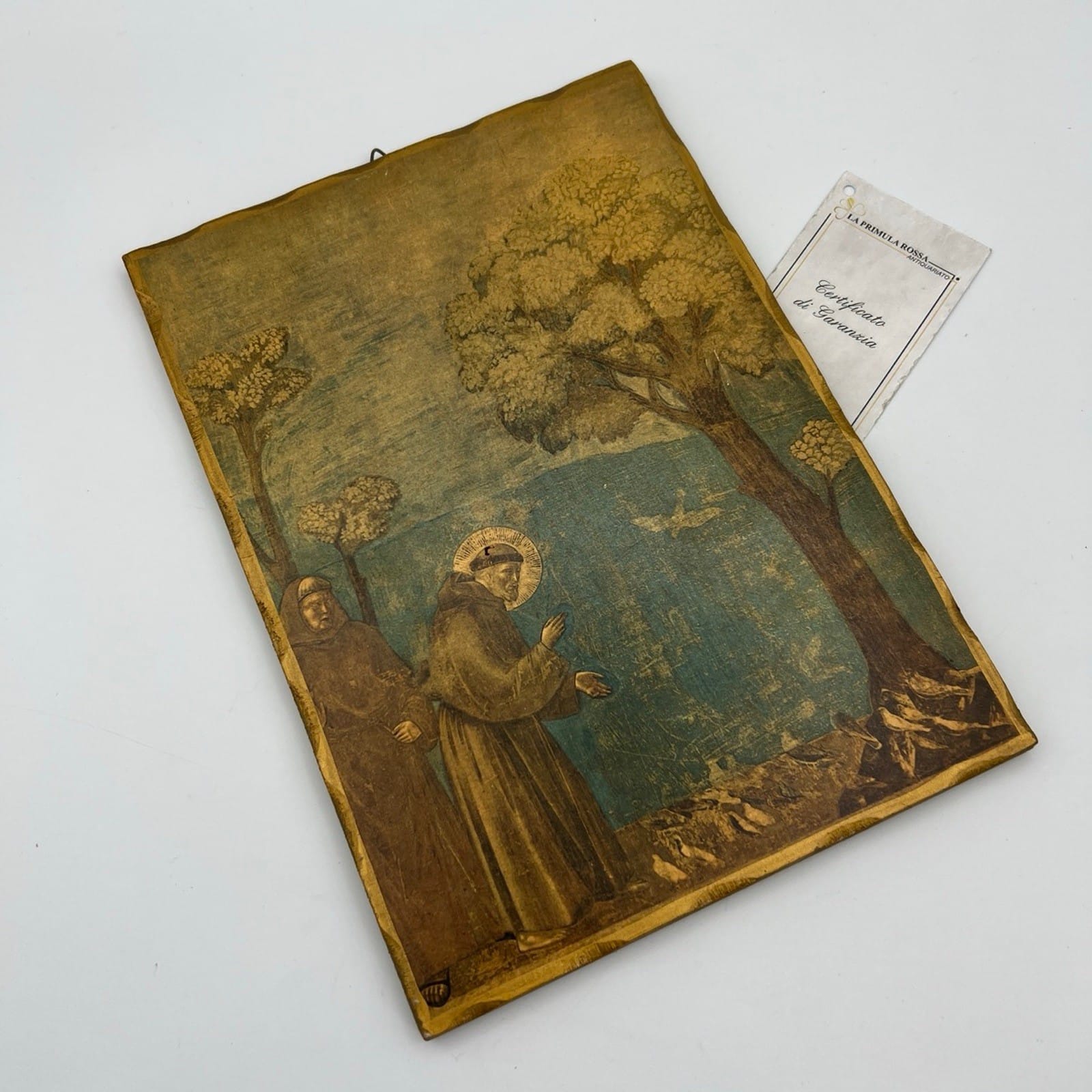 Icona stile antica Placca religiosa sacra in legno dorato San Francesco d'Assisi Categoria  Oggetti sacri - rosari