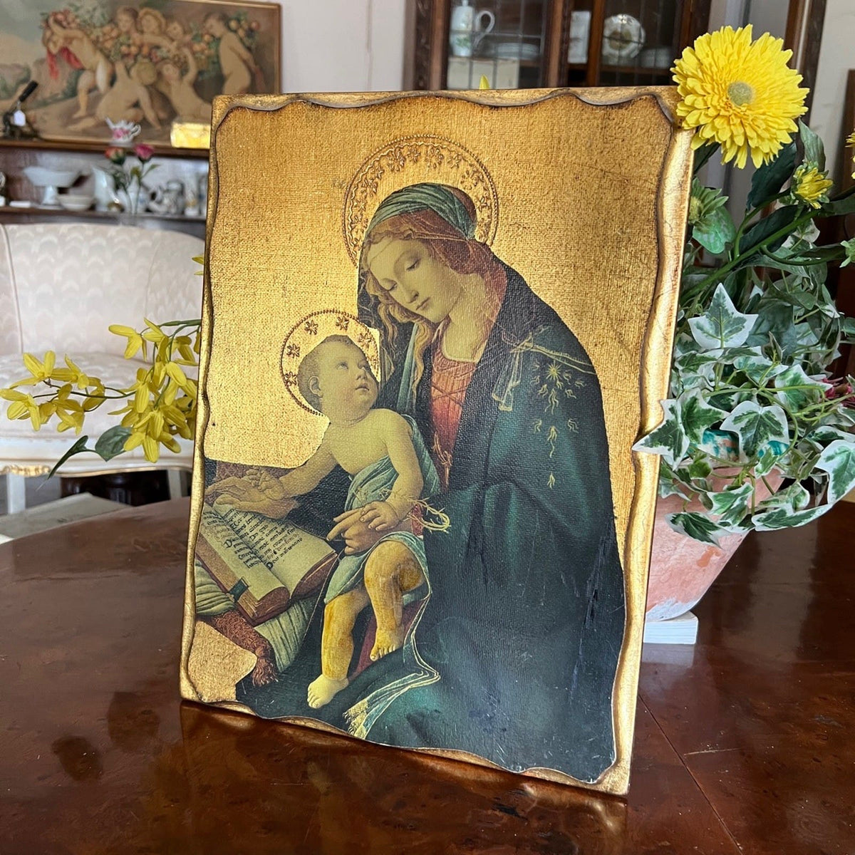 Icona stile antica religiosa sacra in legno su tavola dorato Madonna del Libro Categoria  Oggetti sacri - rosari