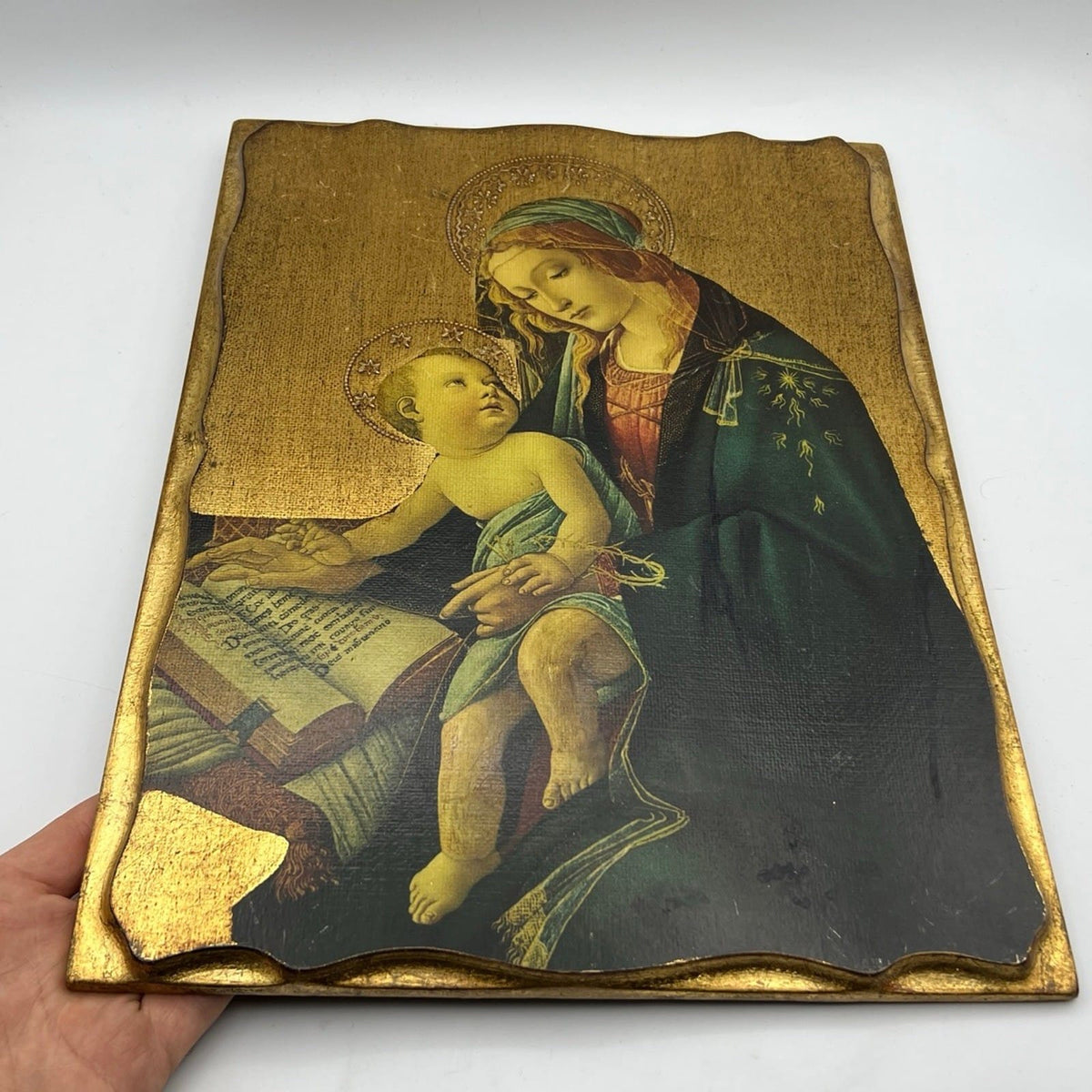 Icona stile antica religiosa sacra in legno su tavola dorato Madonna del Libro Categoria  Oggetti sacri - rosari