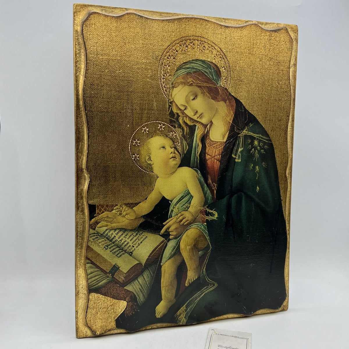 Icona stile antica religiosa sacra in legno su tavola dorato Madonna del Libro Categoria  Oggetti sacri - rosari