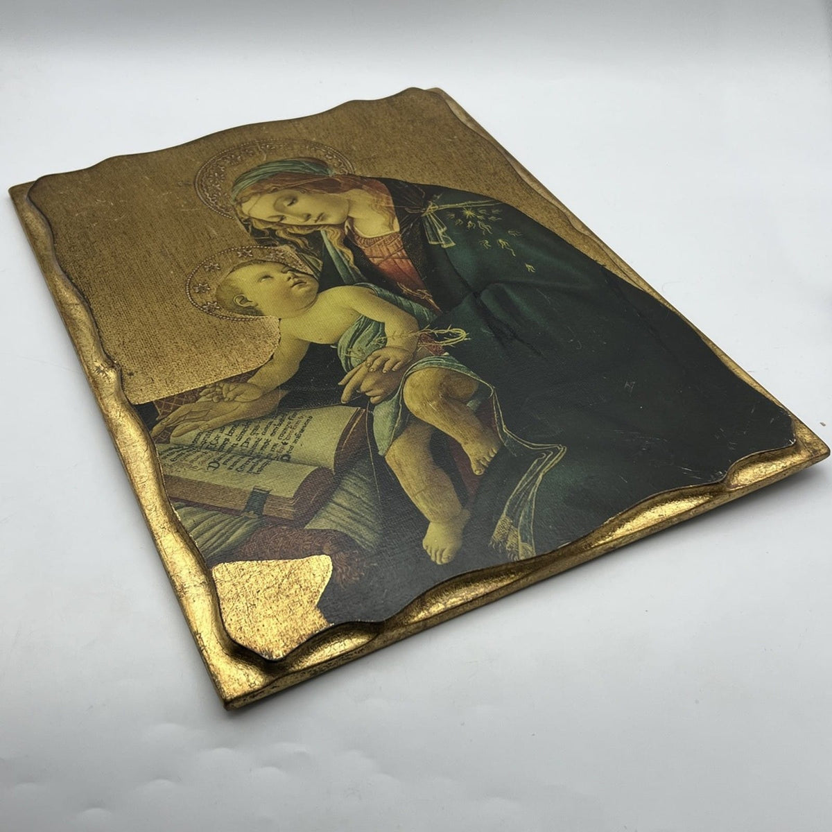 Icona stile antica religiosa sacra in legno su tavola dorato Madonna del Libro Categoria  Oggetti sacri - rosari