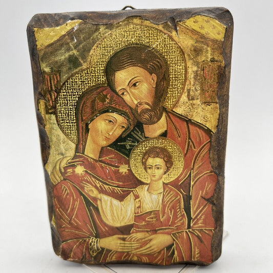 Icona Stile bizantina Greca antica in tavola legno e oro Sacra Famiglia Vintage Categoria  Oggetti sacri - rosari