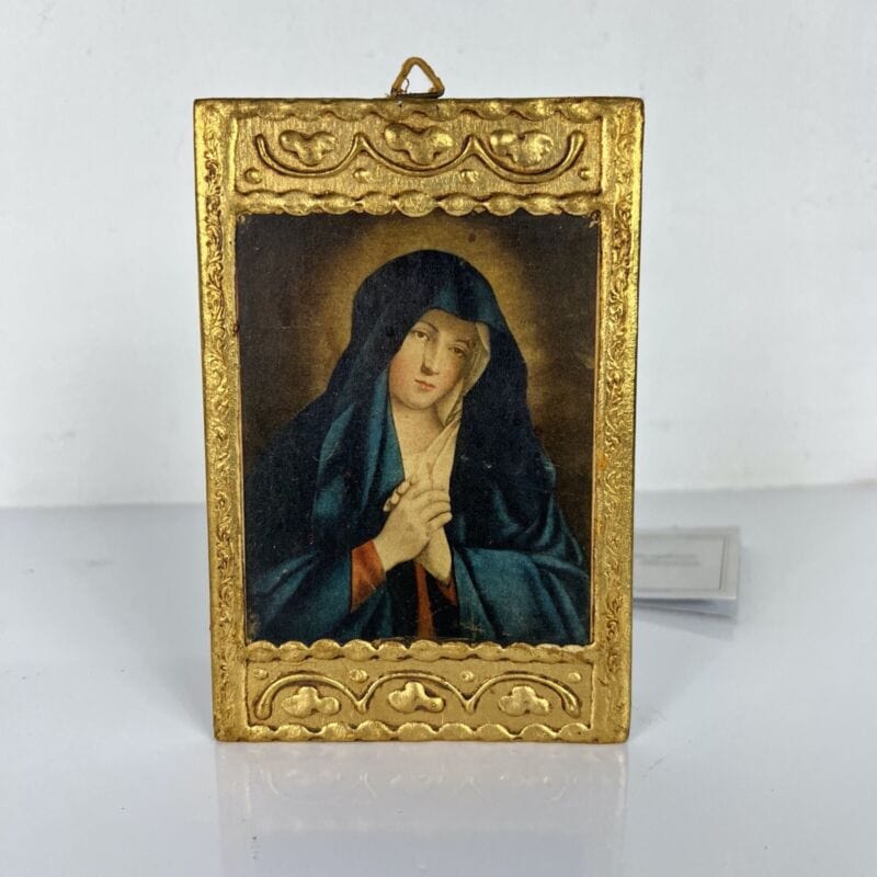 Madonna addolorata del Sassoferrato antica in legno e oro Icona religiosa 1960 Categoria  Oggetti sacri - rosari