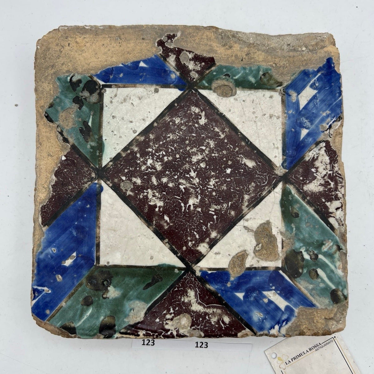 Mattonella Antica Decorativa Piastrella Riggiola vecchia Maiolica D'epoca Art123 Categoria  Arte e antiquariato:Porcellana e ceramica:Piastrelle e mattonelle