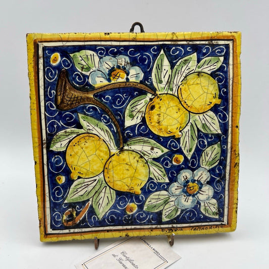 Mattonella Decorativa Piastrella vecchia Placca Maiolica Caltagirone Limoni Categoria  Arte e antiquariato:Porcellana e ceramica:Piastrelle e mattonelle