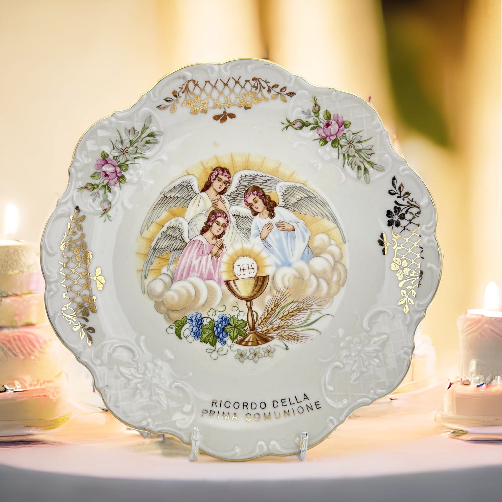 Piatto antico in porcellana Bianca Bavaria Decorativo Prima Comunione con Angeli Categoria  Piatti e Piattini