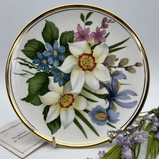 Piatto decorativo anni '60 in porcellana da parete muro con fiori Narcisi e Iris Categoria  Piatti e Piattini