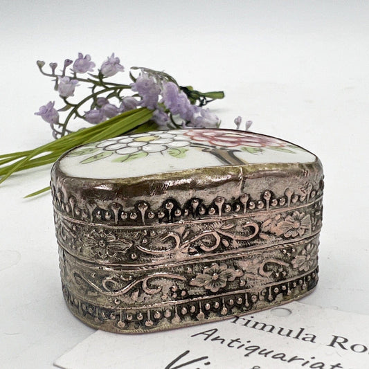 Portapillole porta anelli antico in Argento Silver plated Scatolina porcellana Categoria  Sheffield & Argento