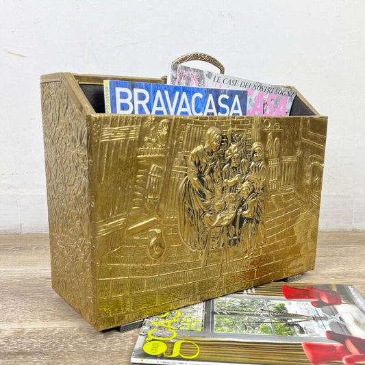 Portariviste antico in legno e ottone da terra vecchio porta giornali d'epoca Categoria  Ottone