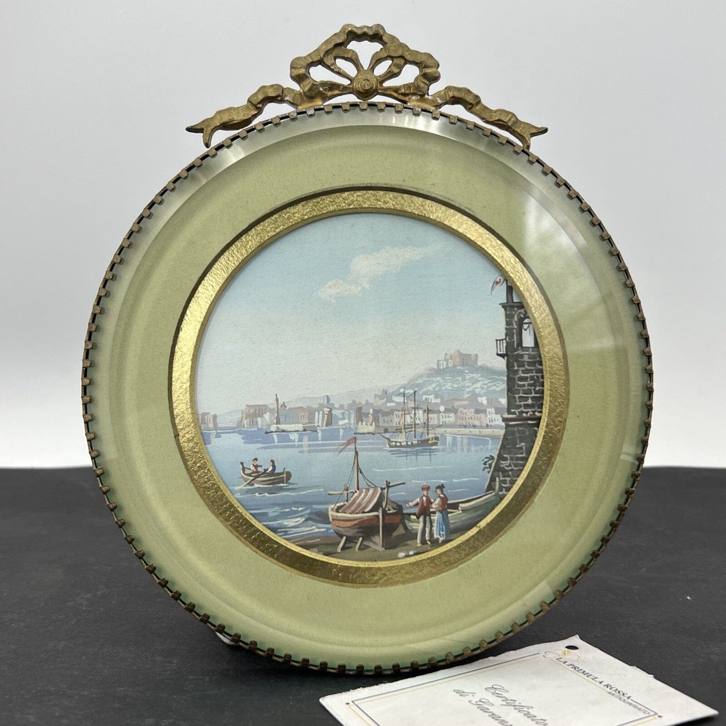 Quadretto Antico in Miniatura Medaglione Gouache epoca '900 Fiocco Ottone Marina Categoria  Quadri