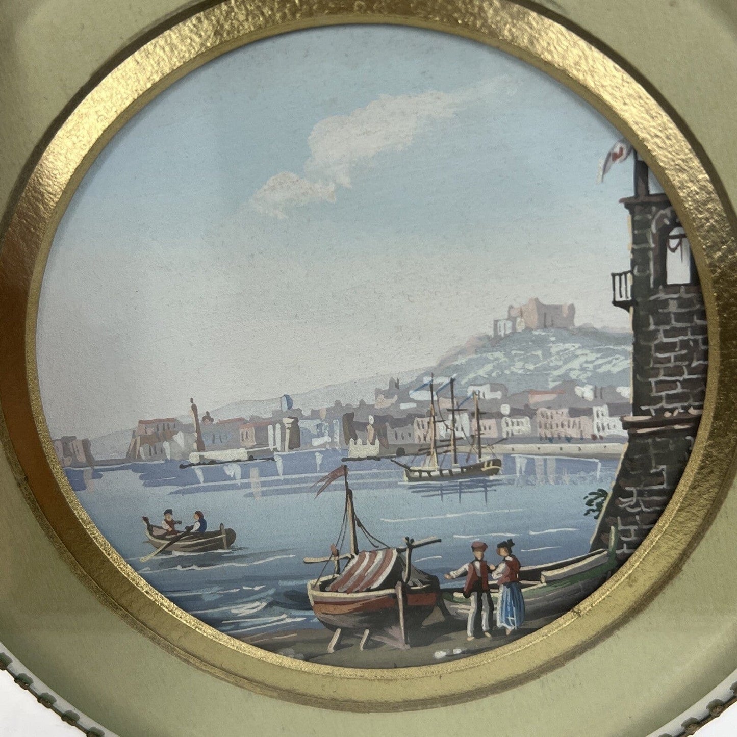 Quadretto Antico in Miniatura Medaglione Gouache epoca '900 Fiocco Ottone Marina Categoria  Quadri
