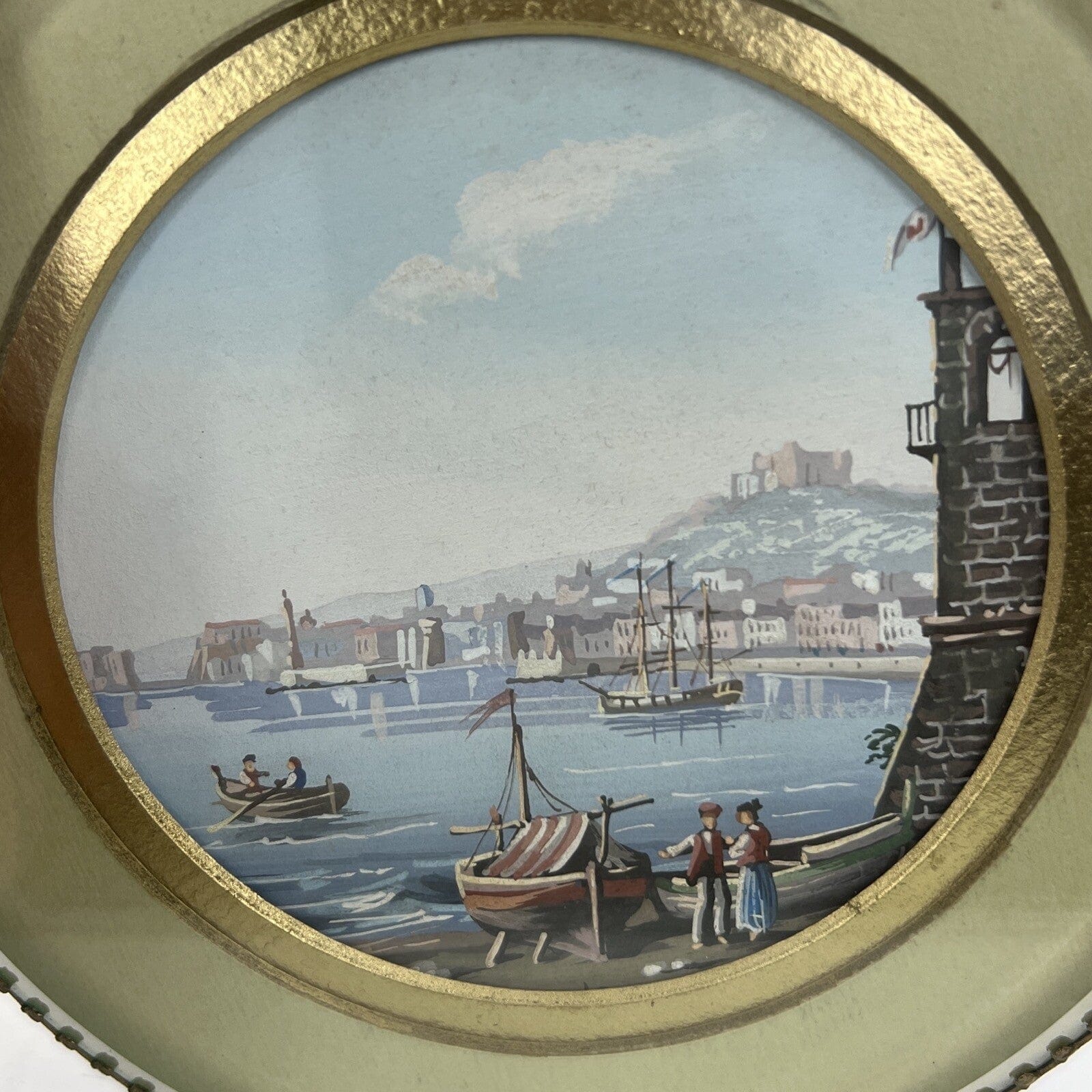 Quadretto Antico in Miniatura Medaglione Gouache epoca '900 Fiocco Ottone Marina Categoria  Quadri