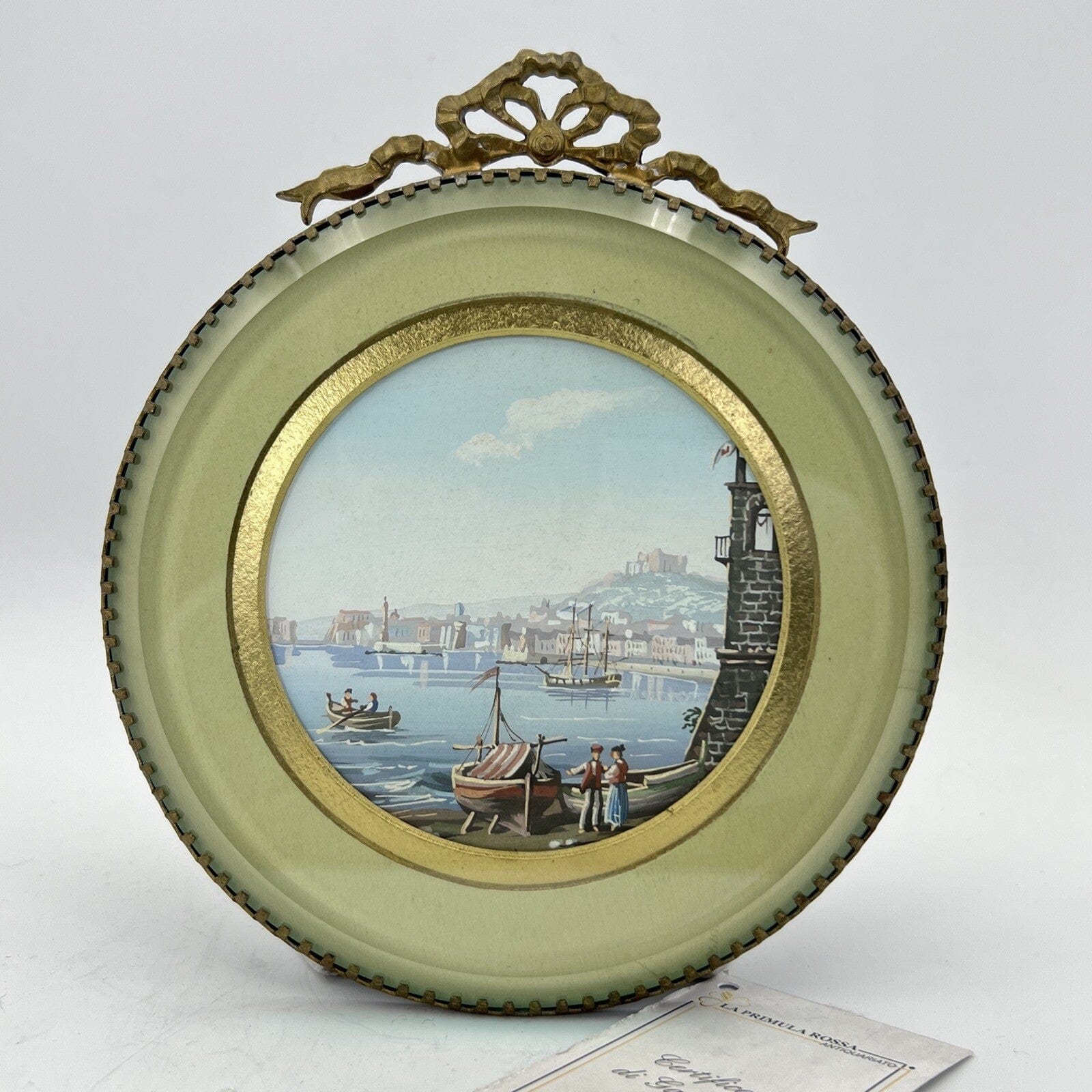 Quadretto Antico in Miniatura Medaglione Gouache epoca '900 Fiocco Ottone Marina Categoria  Quadri