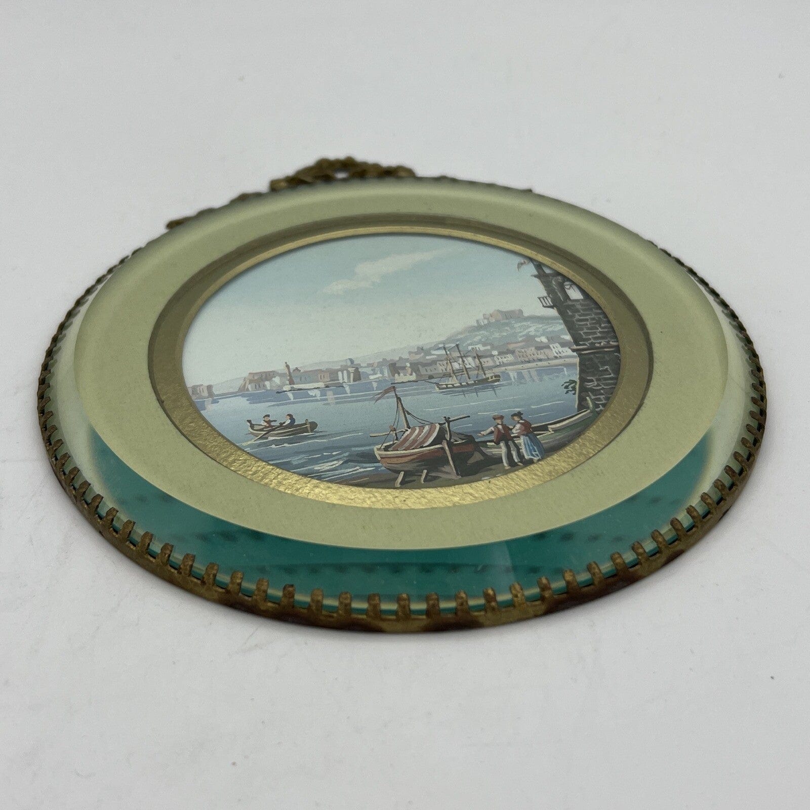 Quadretto Antico in Miniatura Medaglione Gouache epoca '900 Fiocco Ottone Marina Categoria  Quadri