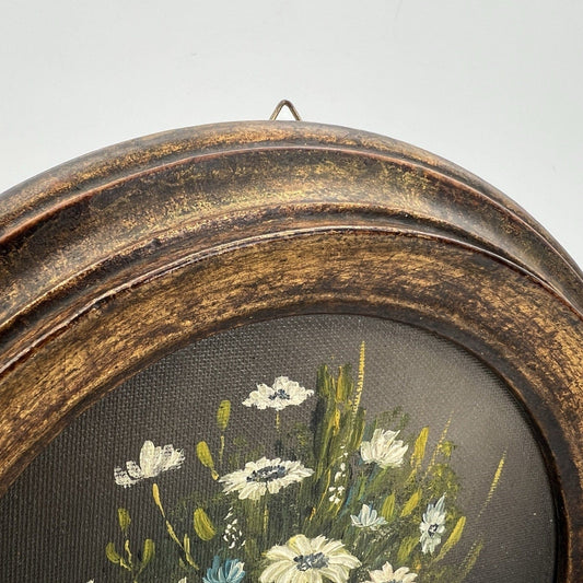 Quadretto Antico Miniatura olio rotondo dipinto fiori cornice in legno Firmato Categoria  Quadri