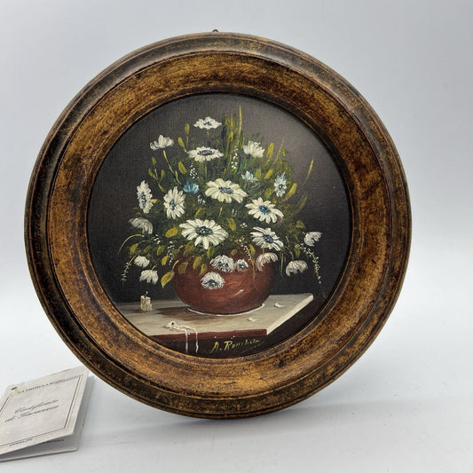 Quadretto Antico Miniatura olio rotondo dipinto fiori cornice in legno Firmato Categoria  Quadri