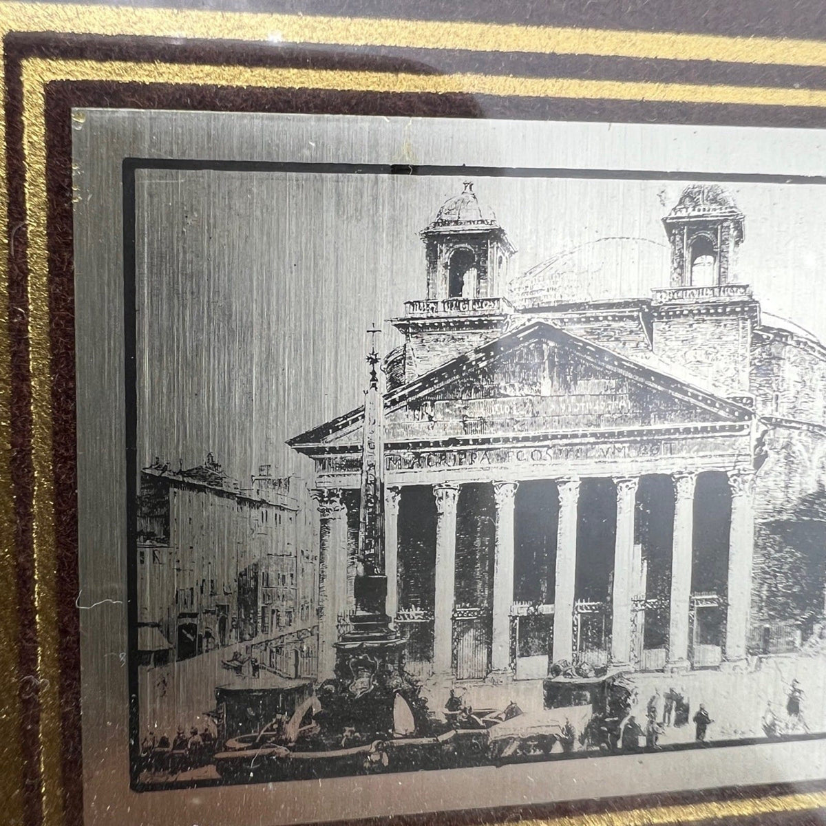 Quadretto Lastra di Argento 925 Incisione Pantheon Roma con Cornice in legno Categoria  Sheffield & Argento