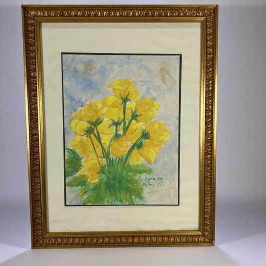 Quadro acquerello su carta Dipinto Floreale fiori Rose Gialle vintage Firmato Categoria  Quadri