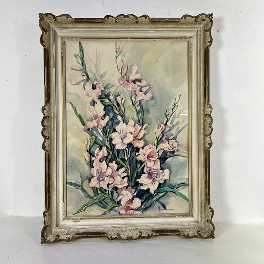 Quadro antico acquerello natura morta fiori Gladioli vintage provenzale shabby Categoria  Quadri