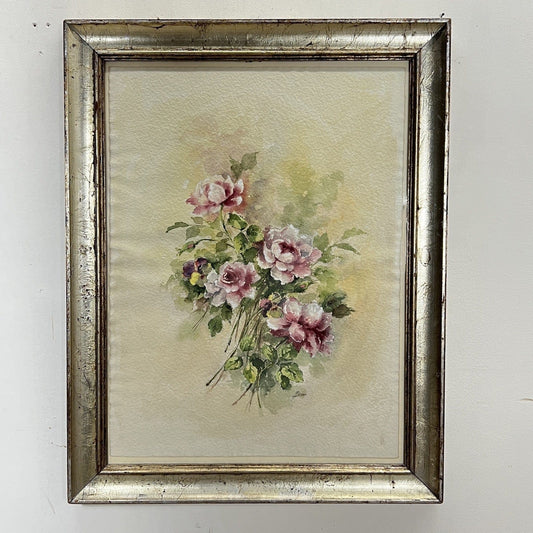 Quadro antico acquerello natura morta fiori Rose vintage shabby Cornice Argento Categoria  Quadri