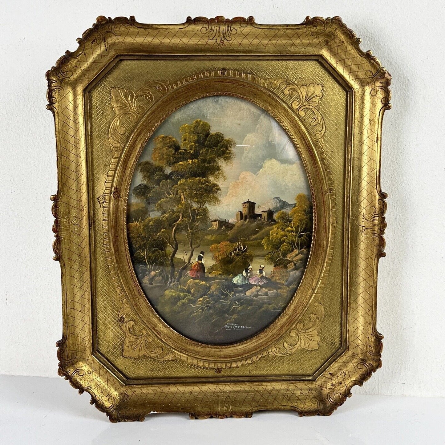 Quadro antico dipinto a olio con paesaggio cornice in legno oro stile fiorentino Categoria  Quadri