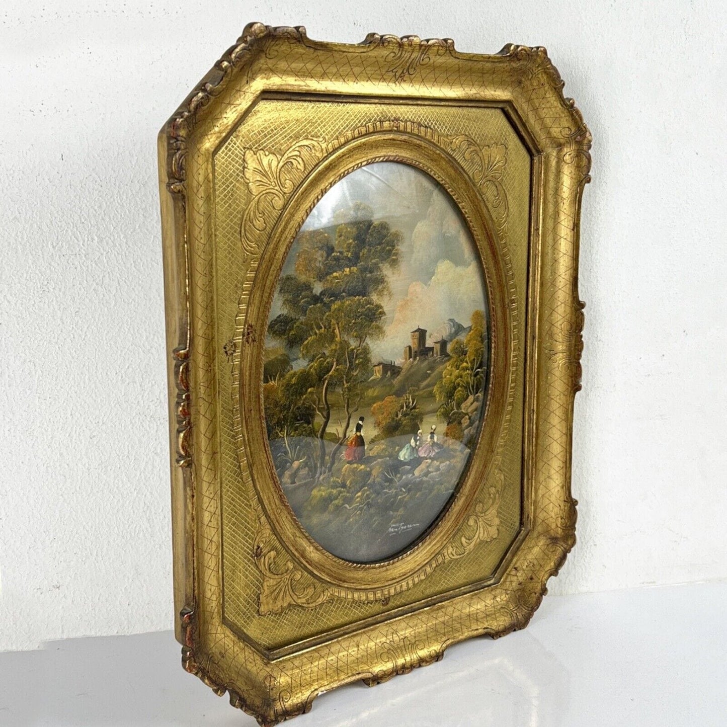 Quadro antico dipinto a olio con paesaggio cornice in legno oro stile fiorentino Categoria  Quadri