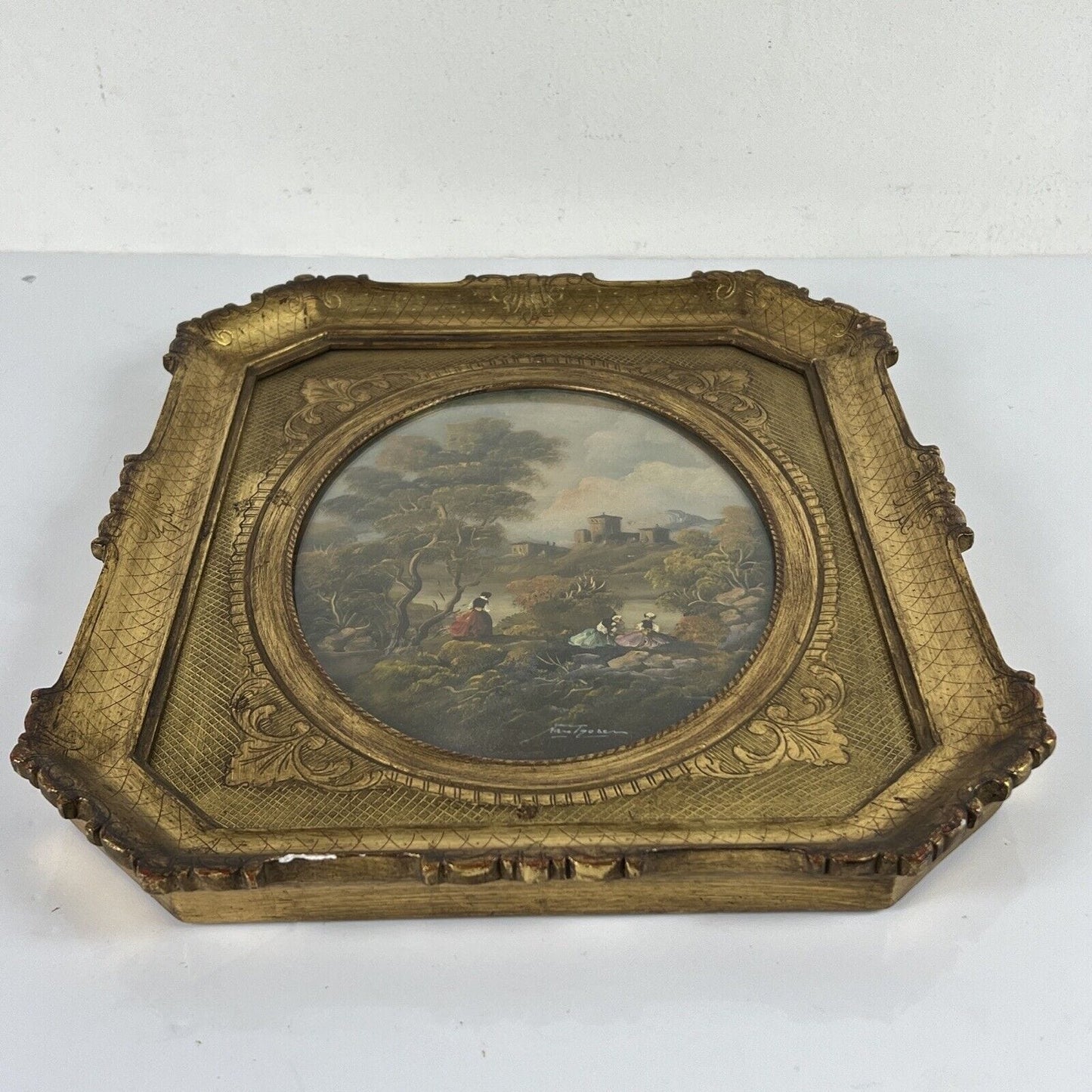 Quadro antico dipinto a olio con paesaggio cornice in legno oro stile fiorentino Categoria  Quadri