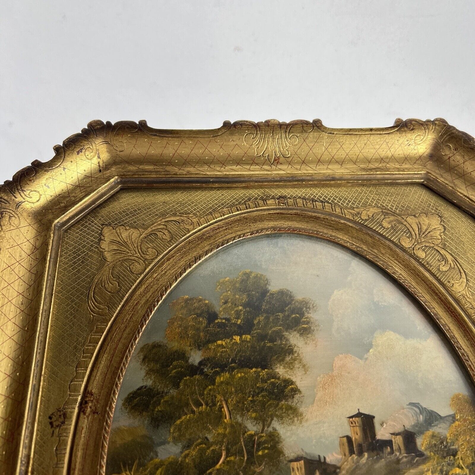 Quadro antico dipinto a olio con paesaggio cornice in legno oro stile fiorentino Categoria  Quadri