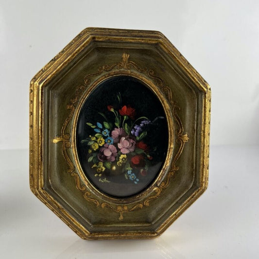 Quadro antico dipinto a olio coppia quadretti fiori cornice oro stile fiorentino Categoria  Quadri
