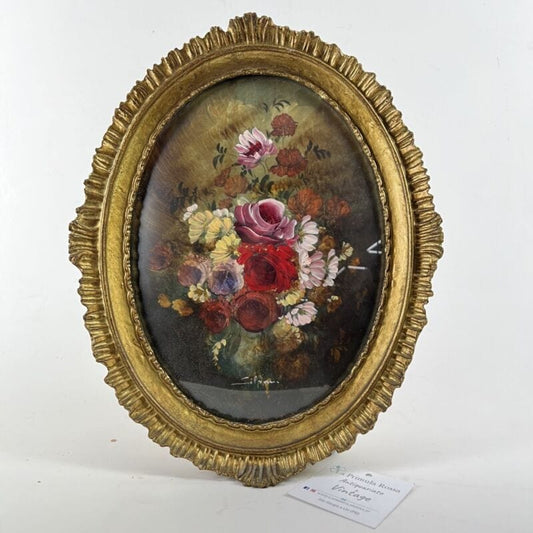 Quadro Antico Dipinto a olio firmato natura morta con fiori cornice oro ovale Categoria  Quadri