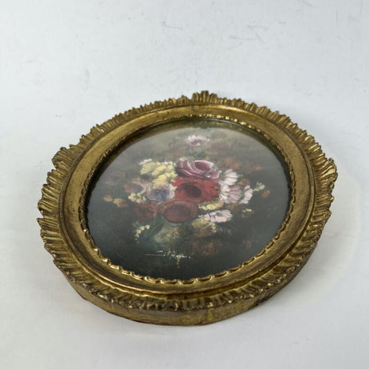 Quadro Antico Dipinto a olio firmato natura morta con fiori cornice oro ovale Categoria  Quadri