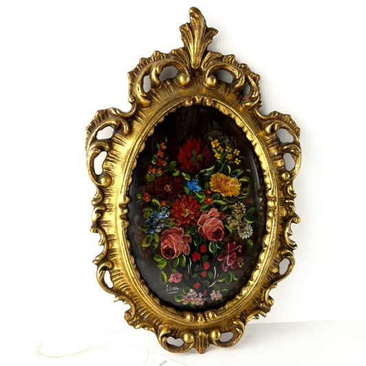 Quadro Antico Dipinto a olio firmato natura morta con fiori cornice oro ovale  X Categoria  Quadri