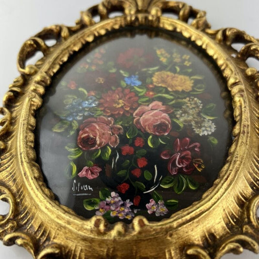 Quadro Antico Dipinto a olio firmato natura morta con fiori cornice oro ovale  X Categoria  Quadri