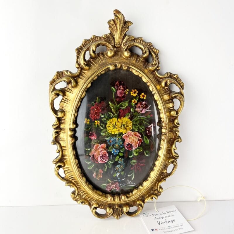 Quadro Antico Dipinto a olio firmato natura morta con fiori cornice oro ovale  Y Categoria  Quadri