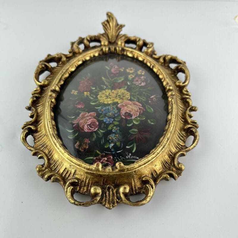 Quadro Antico Dipinto a olio firmato natura morta con fiori cornice oro ovale  Y Categoria  Quadri