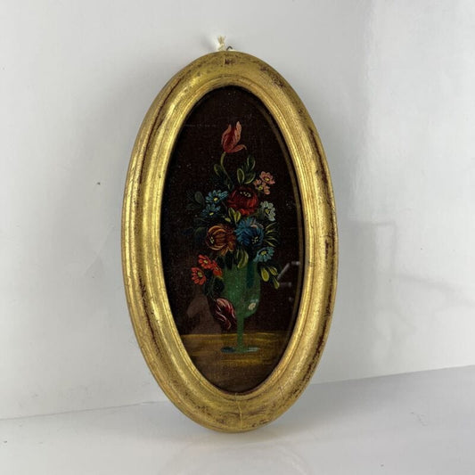 Quadro Antico Dipinto a olio natura morta con fiori cornice oro Quadretto ovale Categoria  Quadri