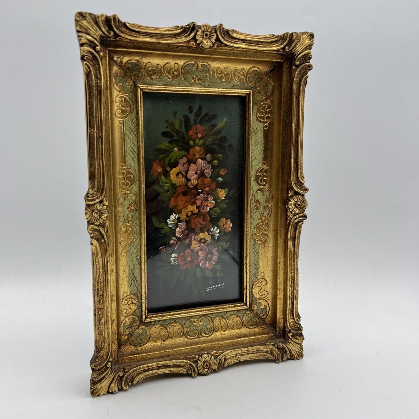 Quadro antico dipinto a olio quadretto con fiori cornice oro stile fiorentino Categoria  Quadri