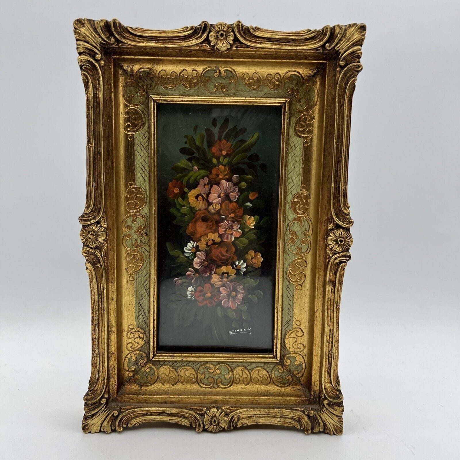 Quadro antico dipinto a olio quadretto con fiori cornice oro stile fiorentino Categoria  Quadri