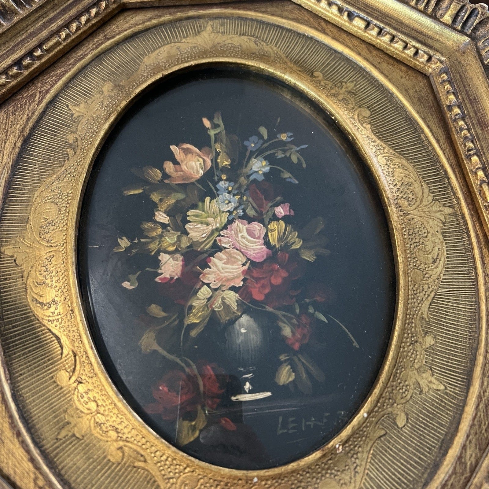 Quadro antico dipinto a olio su rame quadretto fiori cornice oro stile barocco Categoria  Quadri