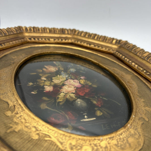 Quadro antico dipinto a olio su rame quadretto fiori cornice oro stile barocco Categoria  Quadri