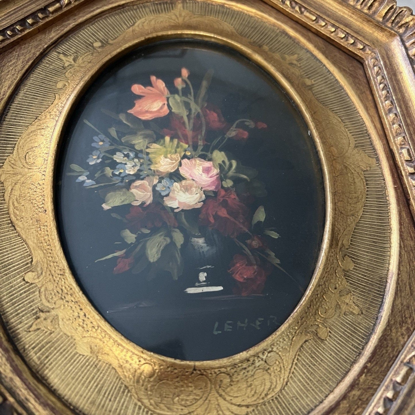 Quadro antico dipinto a olio su rame quadretto fiori cornice oro stile barocco 2 Categoria  Quadri