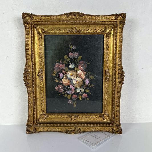 Quadro antico dipinto a olio su tavola quadretto fiori cornice oro stile barocco Categoria  Quadri