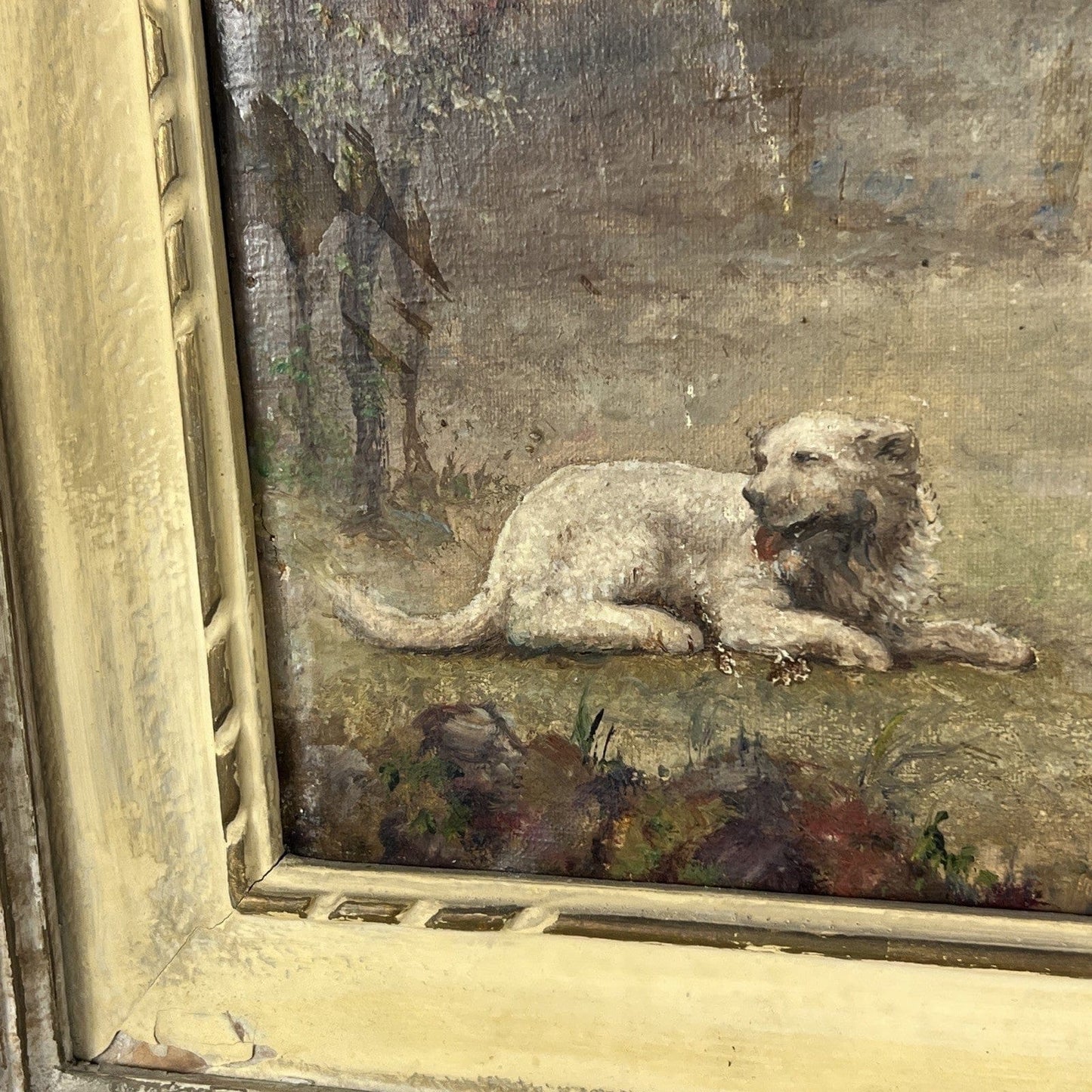 Quadro Antico Dipinto a olio su tela Cavallo Cane Scenario Bucolico Firmato 900 Categoria  Quadri