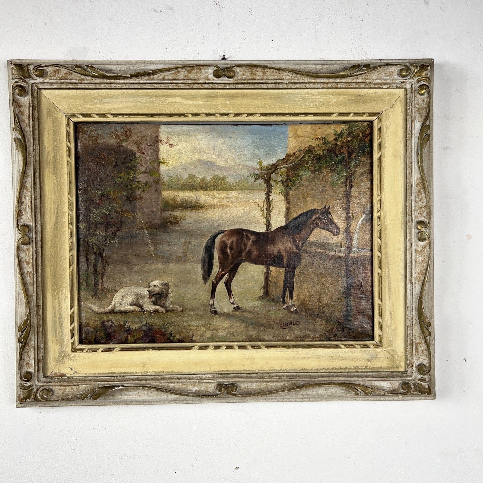 Quadro Antico Dipinto a olio su tela Cavallo Cane Scenario Bucolico Firmato 900 Categoria  Quadri