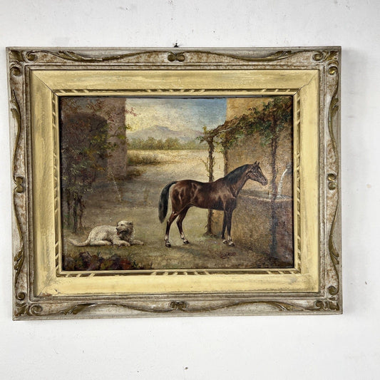Quadro Antico Dipinto a olio su tela Cavallo Cane Scenario Bucolico Firmato 900 Categoria  Quadri