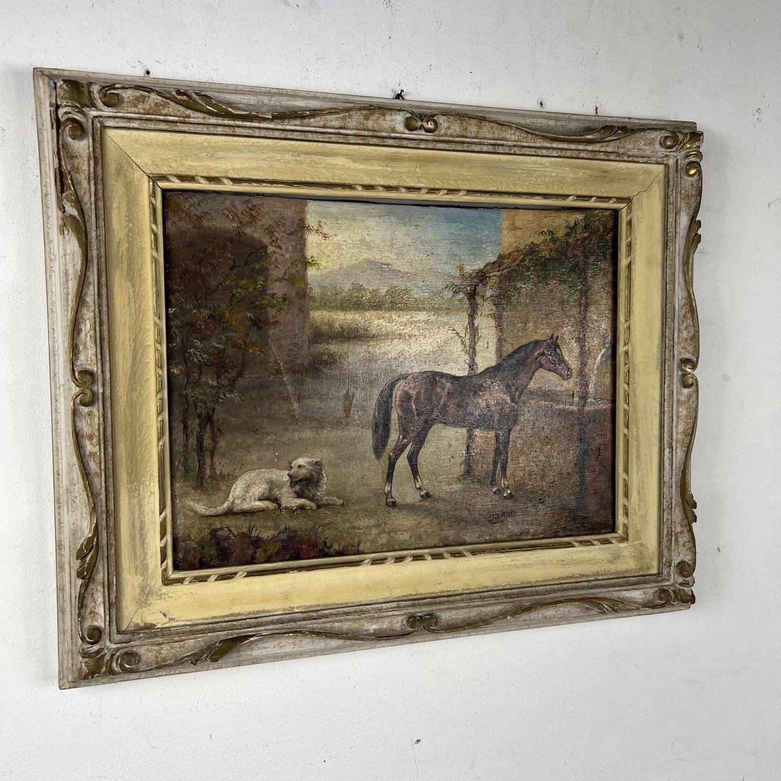 Quadro Antico Dipinto a olio su tela Cavallo Cane Scenario Bucolico Firmato 900 Categoria  Quadri